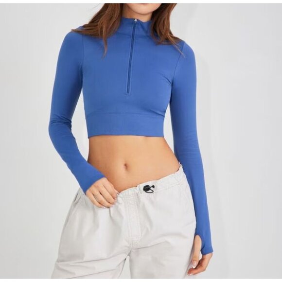 Rush B.DY Garage Half Zip Long Sleeve Cropped Top Size Medium Blue Gym Lounge - Picture 1 of 11
